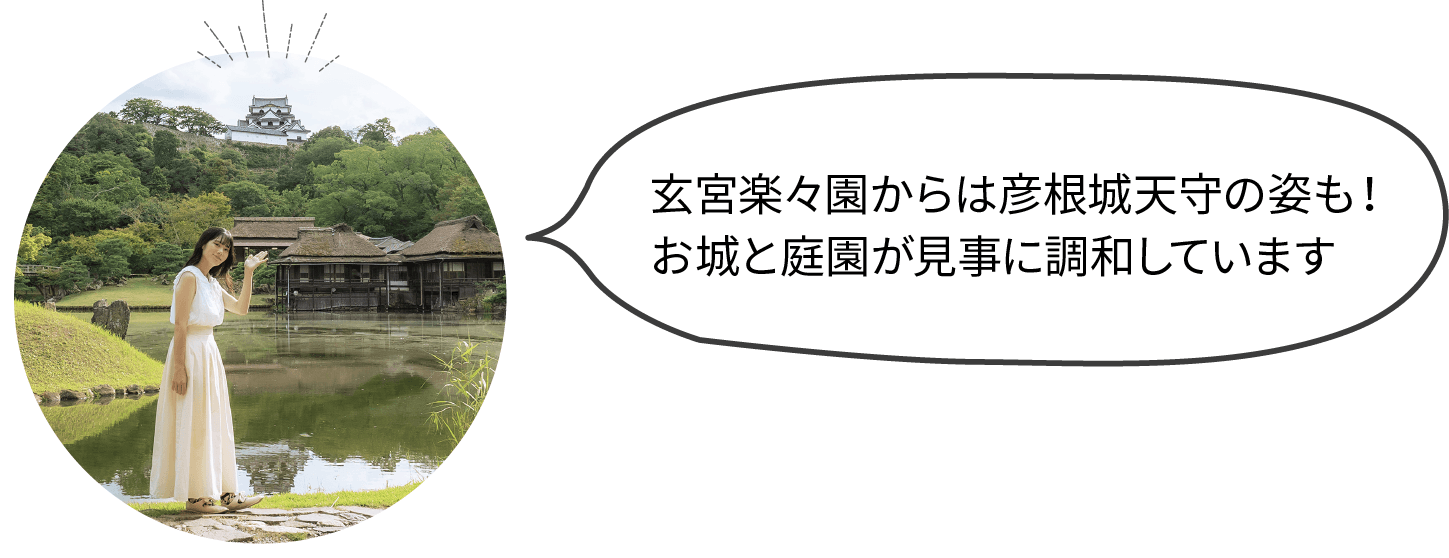 玄宮楽々園からは彦根城天守の姿も！お城と庭園が見事に調和しています